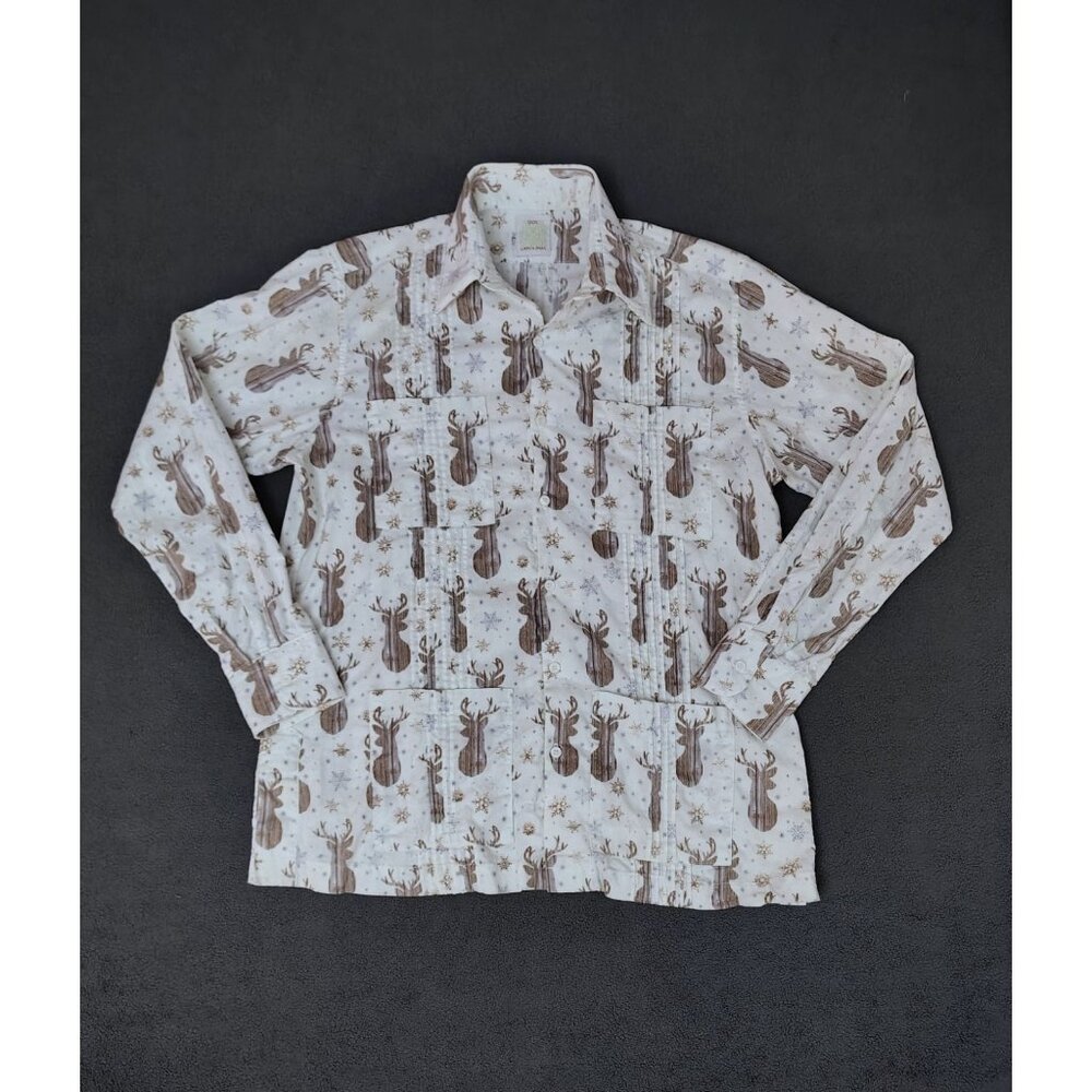 Dos Carolinas Mens Guayabera Sz (L) Short Sleeve Reindeer Snowflakes Shirt White